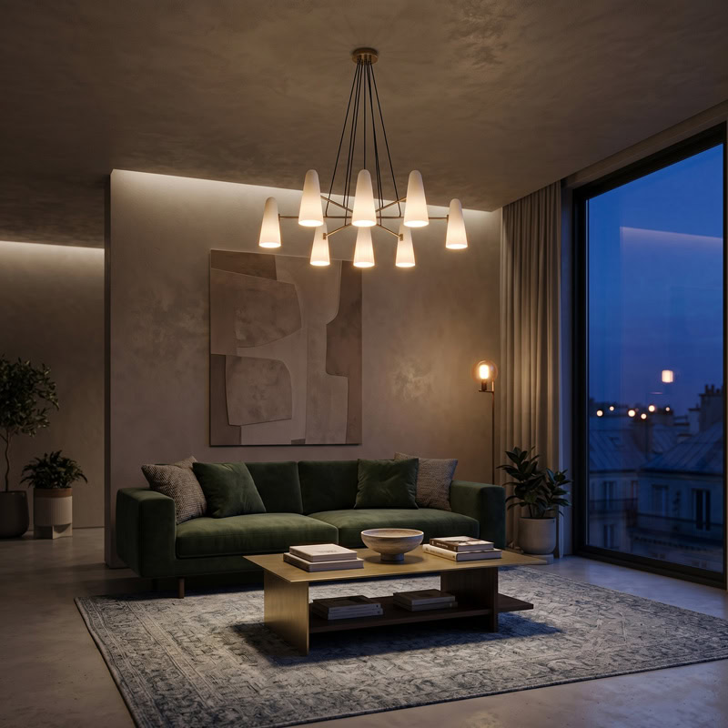 Mid-century glass cone chandelier in brass with tapered white glass shades on a radiating multi-arm frame