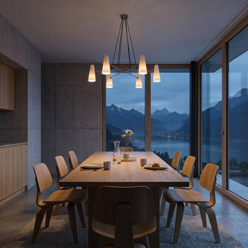 Mid-century glass cone chandelier in brass with tapered white glass shades on a radiating multi-arm frame
