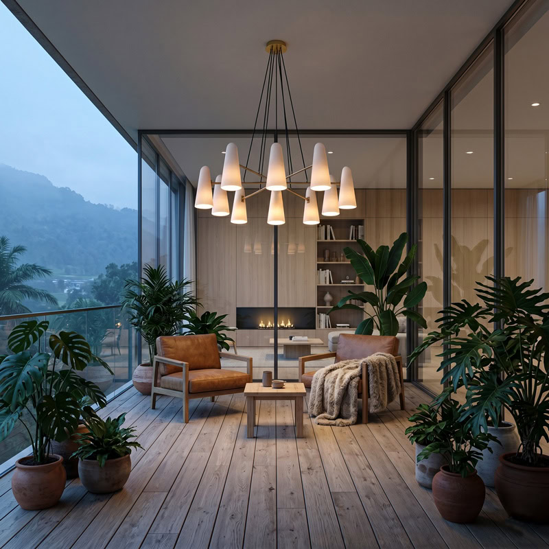 Mid-century glass cone chandelier in brass with tapered white glass shades on a radiating multi-arm frame