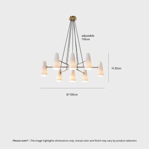 Mid-century glass cone chandelier in brass with tapered white glass shades on a radiating multi-arm frame