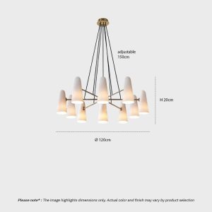 Mid-century glass cone chandelier in brass with tapered white glass shades on a radiating multi-arm frame