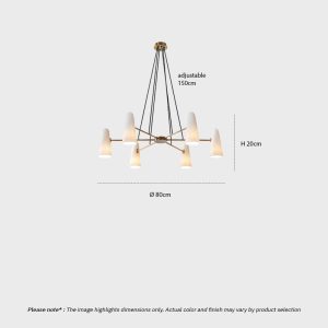 Mid-century glass cone chandelier in brass with tapered white glass shades on a radiating multi-arm frame