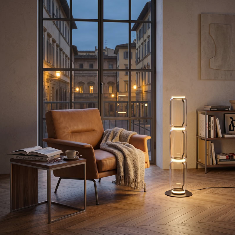 Minimalist glass tube floor lamp FOSCHO LG361 with stacked clear glass cylinders and black metal frame for contemporary interiors