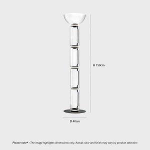 Modern Glass Column Floor Lamp FOSCHO LG356 with stacked clear glass cylinders and matte black frame, casting soft ambient light in a contemporary interior space.