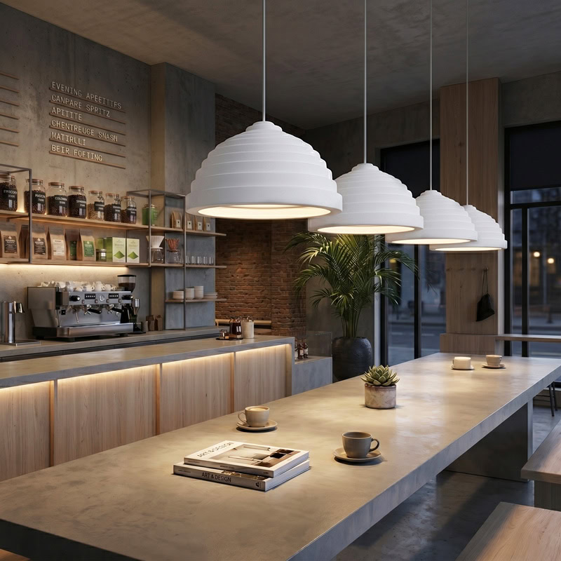 Ribbed Dome Resin Pendant Light CHANDEL LG365 with sculptural tiered dome shade and warm downward glow for living room, dining room, and kitchen interiors