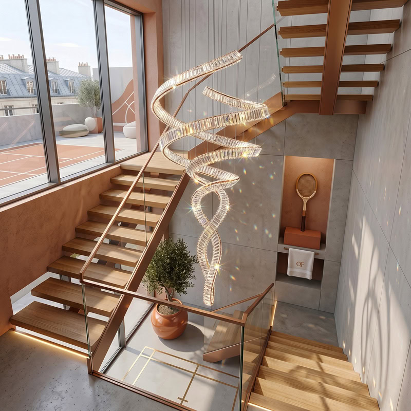 Spiral Crystal Chandelier LUXURIA LG352 with serpentine crystal form and metal frame in a double-height interior