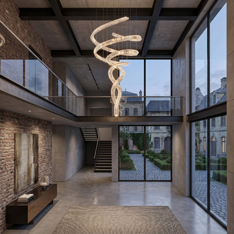 Spiral Crystal Chandelier LUXURIA LG352 with serpentine crystal form and metal frame in a double-height interior