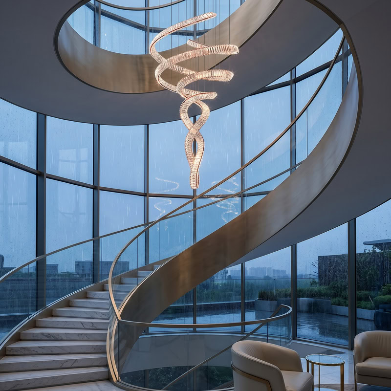 Spiral Crystal Chandelier LUXURIA LG352 with serpentine crystal form and metal frame in a double-height interior