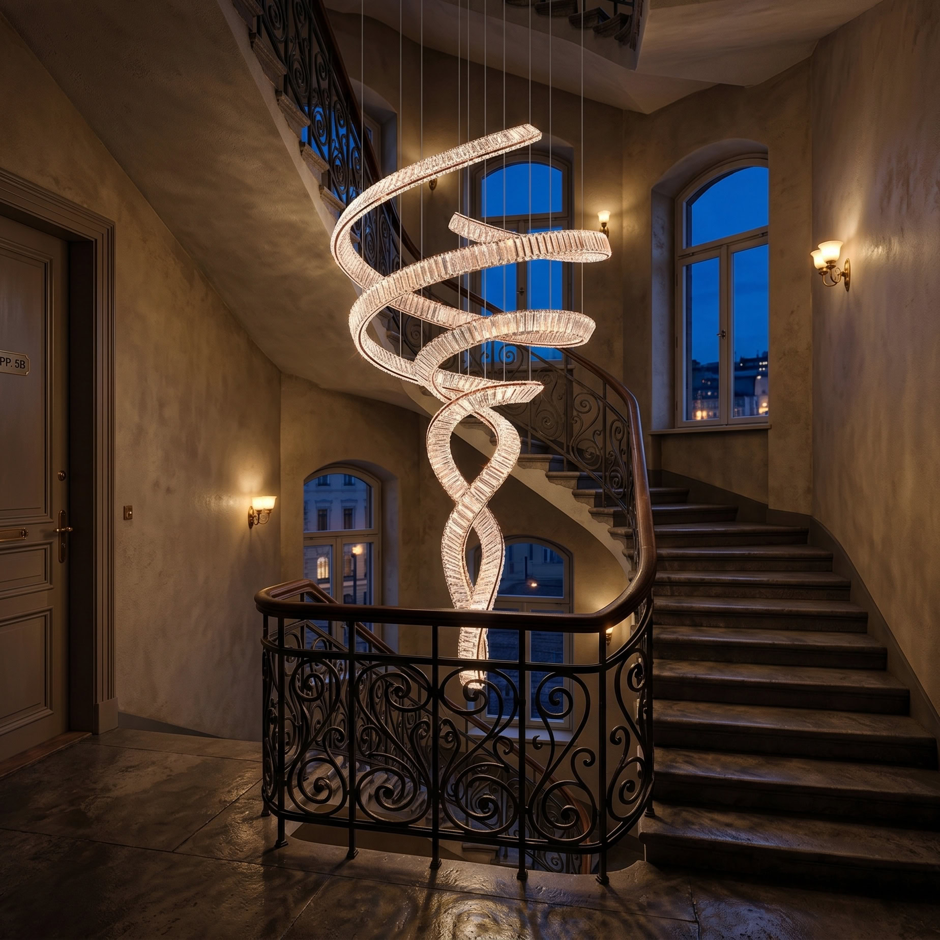 Spiral Crystal Chandelier LUXURIA LG352 with serpentine crystal form and metal frame in a double-height interior