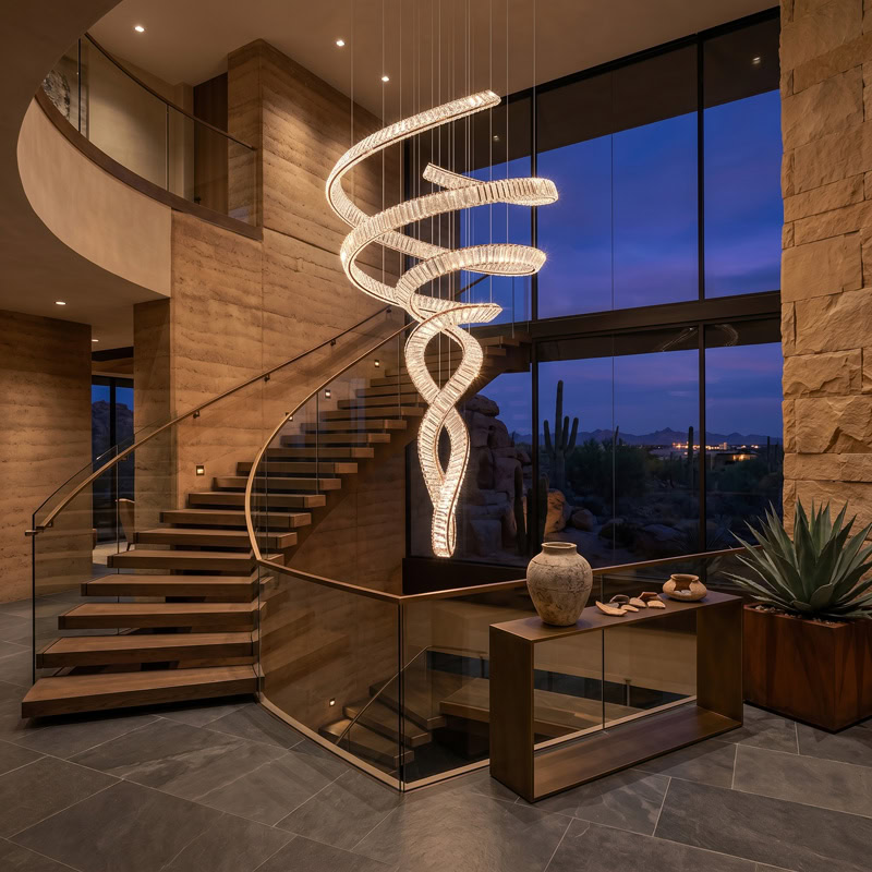 Spiral Crystal Chandelier LUXURIA LG352 with serpentine crystal form and metal frame in a double-height interior