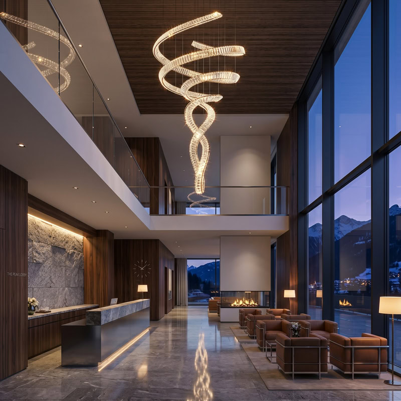 Spiral Crystal Chandelier LUXURIA LG352 with serpentine crystal form and metal frame in a double-height interior