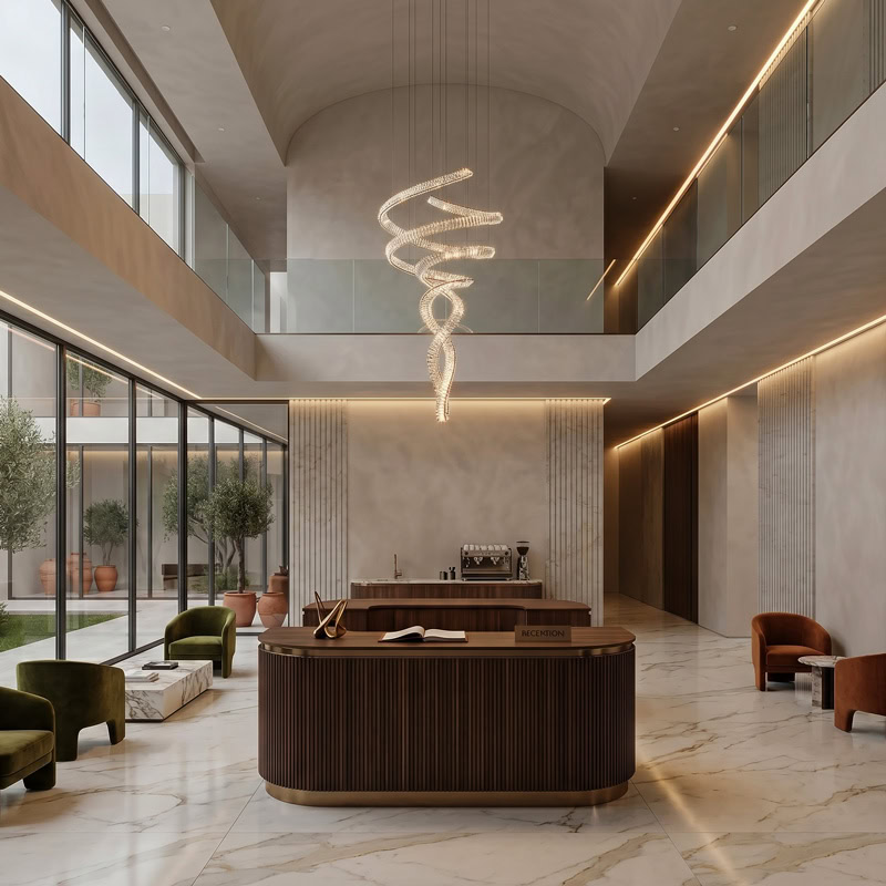 Spiral Crystal Chandelier LUXURIA LG352 with serpentine crystal form and metal frame in a double-height interior