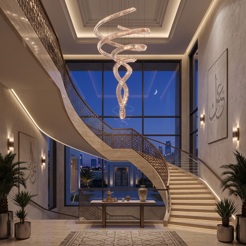 Spiral Crystal Chandelier LUXURIA LG352 with serpentine crystal form and metal frame in a double-height interior