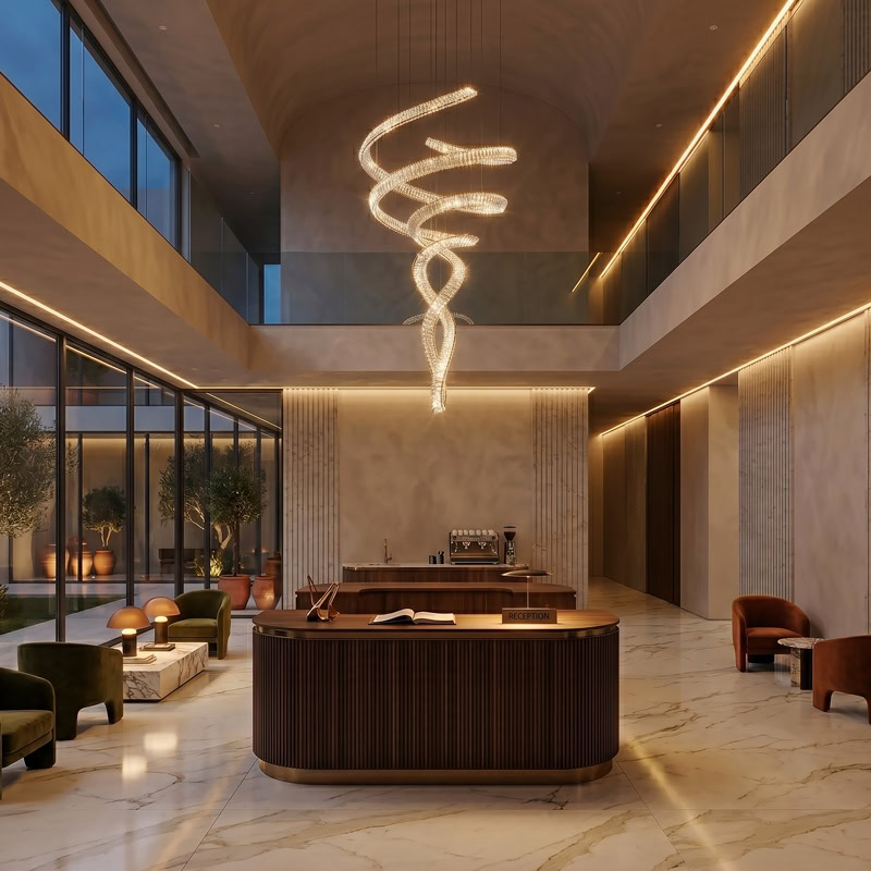 Spiral Crystal Chandelier LUXURIA LG352 with serpentine crystal form and metal frame in a double-height interior