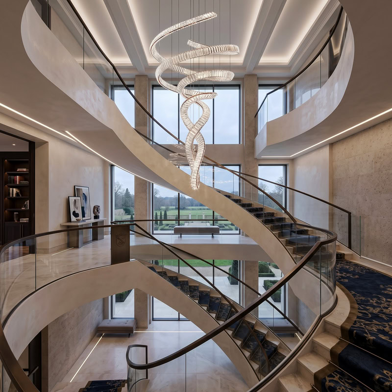 Spiral Crystal Chandelier LUXURIA LG352 with serpentine crystal form and metal frame in a double-height interior