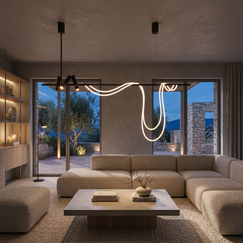 Spotlight Rope Pendant Light CUERLUZ LG366 with adjustable spotlights and draped rope hanging over a modern interior space