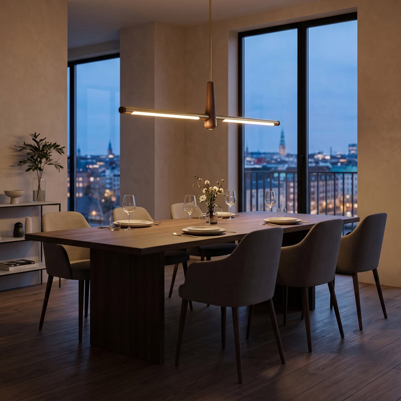 Walnut brass linear pendant light with integrated LED suspended over interior space