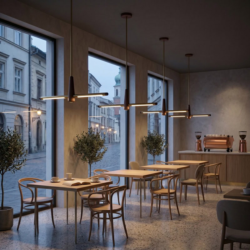 Walnut brass linear pendant light with integrated LED suspended over interior space