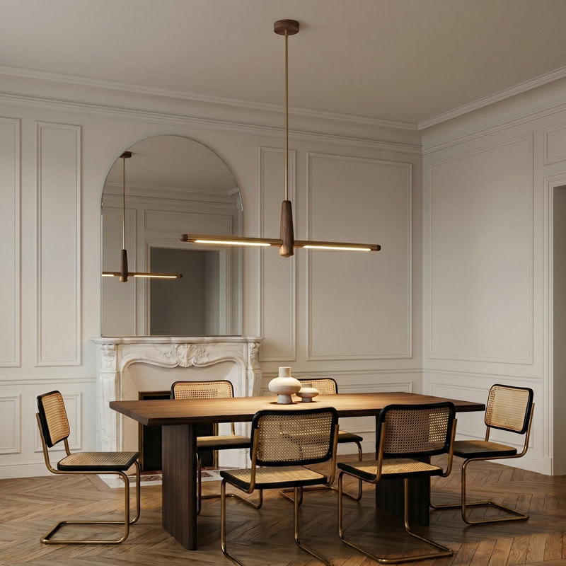Walnut brass linear pendant light with integrated LED suspended over interior space