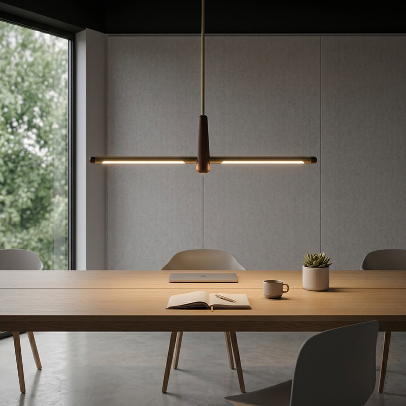 Walnut brass linear pendant light with integrated LED suspended over interior space