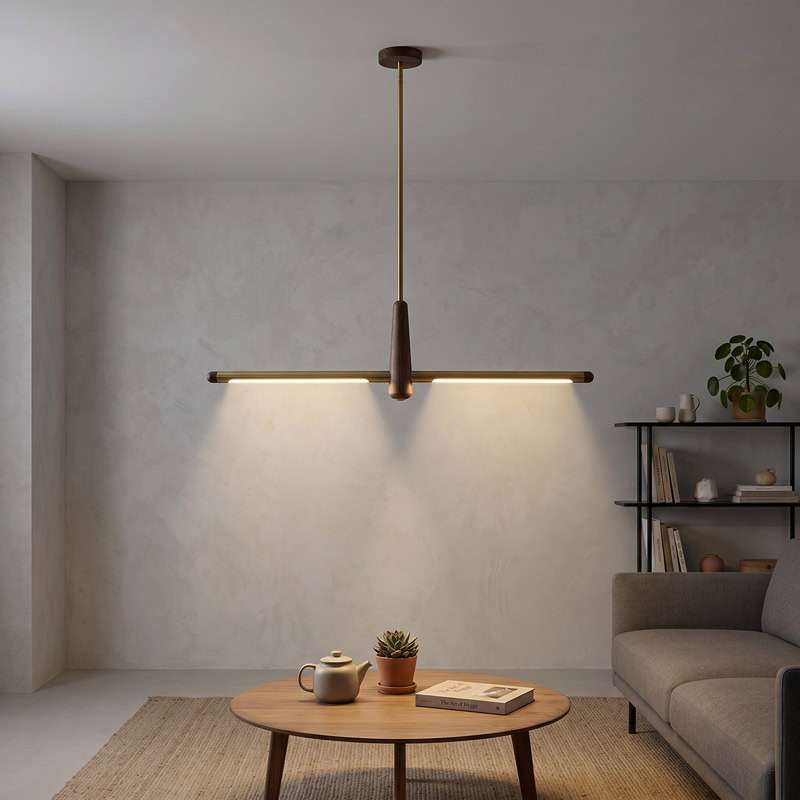 Walnut brass linear pendant light with integrated LED suspended over interior space