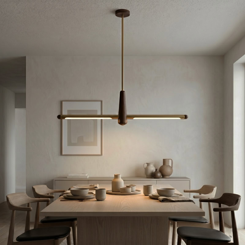Walnut brass linear pendant light with integrated LED suspended over interior space