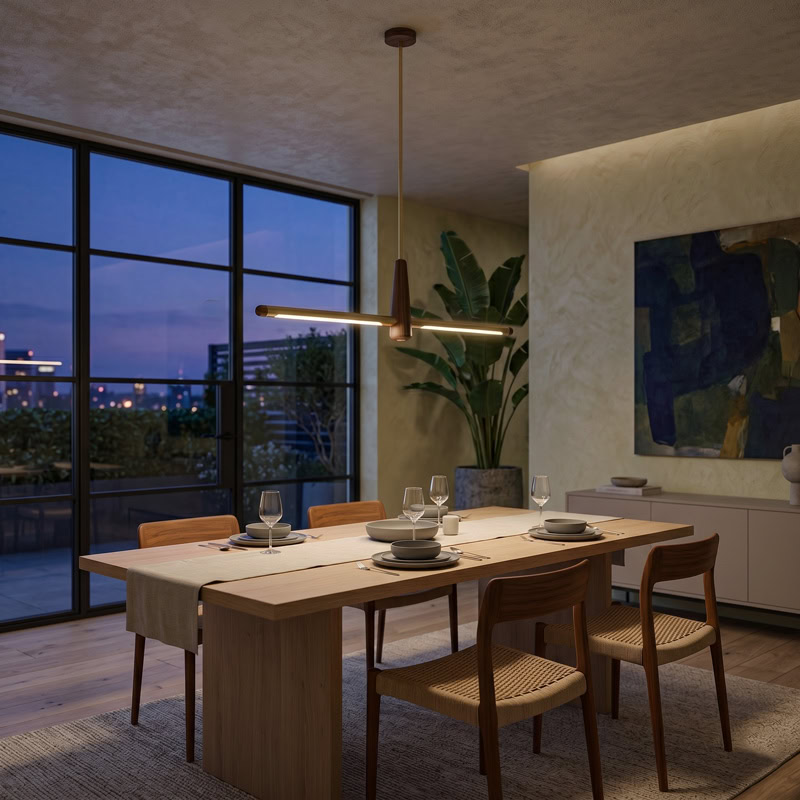 Walnut brass linear pendant light with integrated LED suspended over interior space