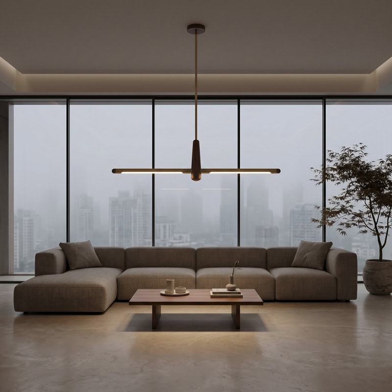 Walnut brass linear pendant light with integrated LED suspended over interior space