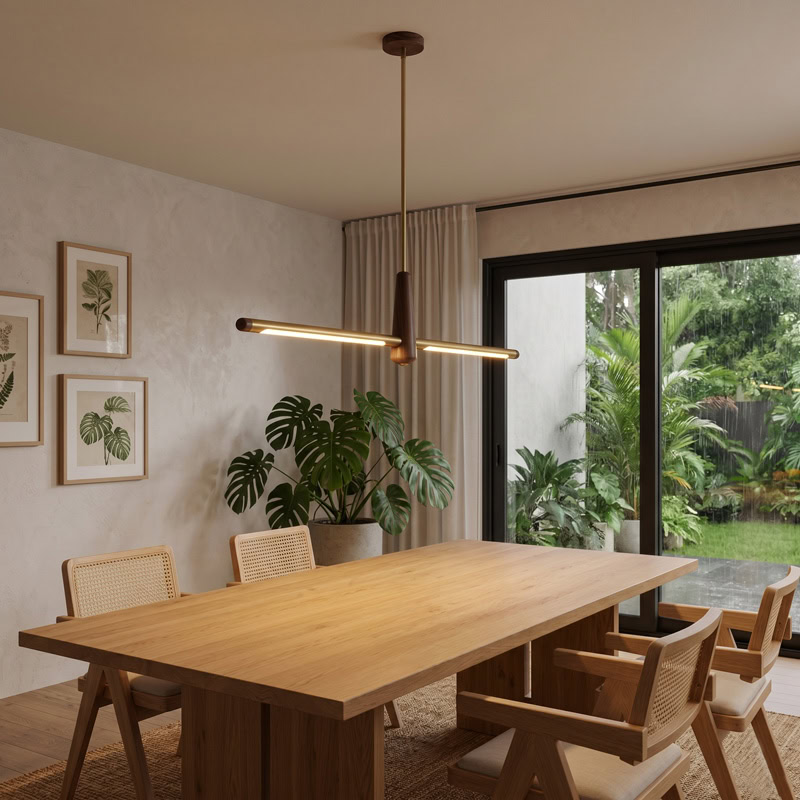 Walnut brass linear pendant light with integrated LED suspended over interior space