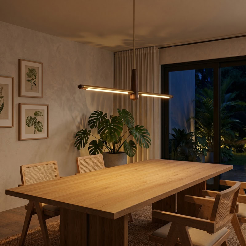 Walnut brass linear pendant light with integrated LED suspended over interior space