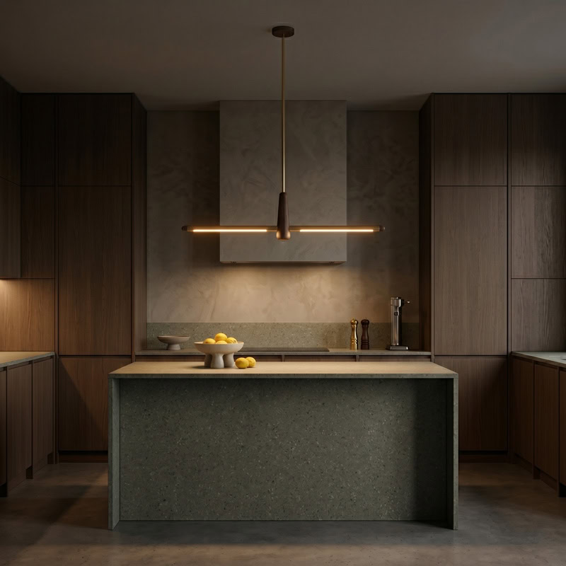 Walnut brass linear pendant light with integrated LED suspended over interior space