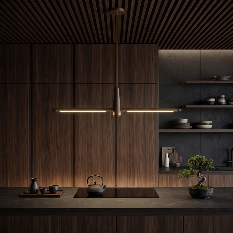 Walnut brass linear pendant light with integrated LED suspended over interior space