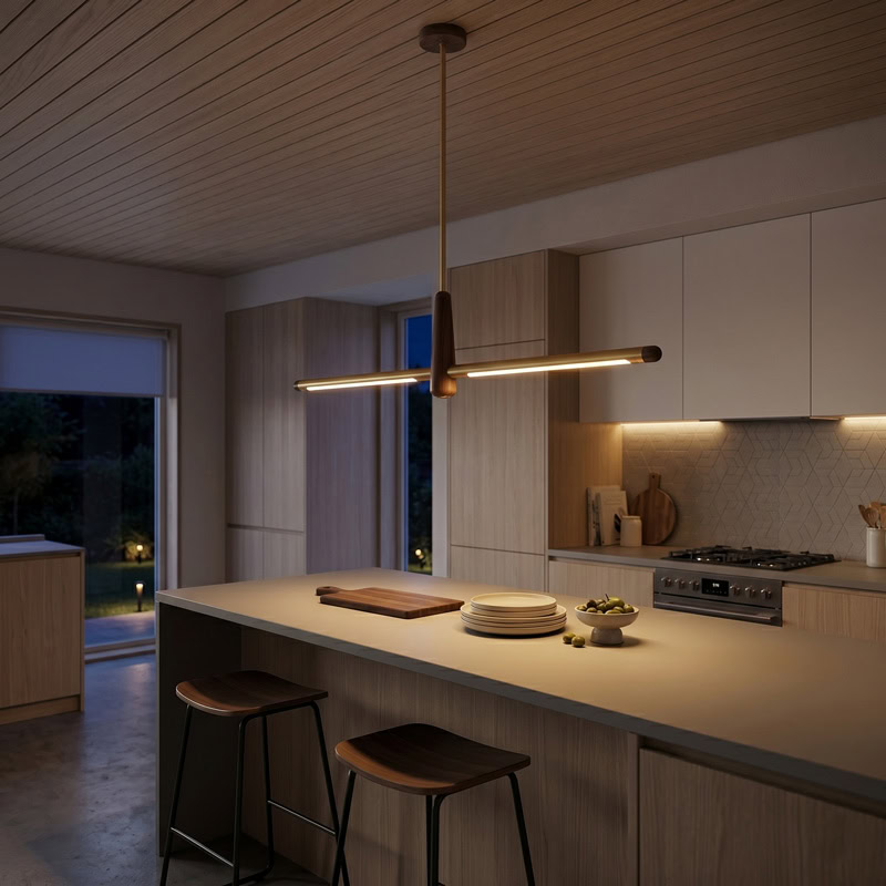 Walnut brass linear pendant light with integrated LED suspended over interior space
