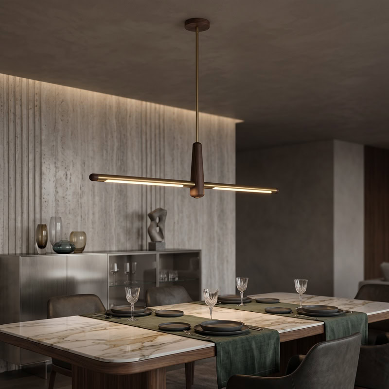 Walnut brass linear pendant light with integrated LED suspended over interior space