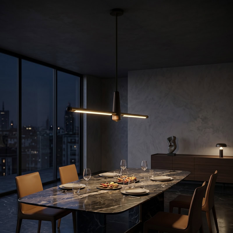 Walnut brass linear pendant light with integrated LED suspended over interior space