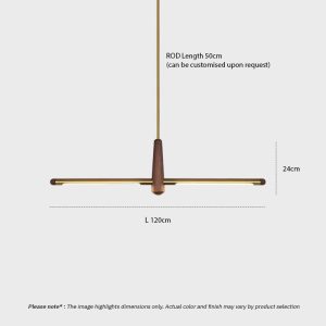 Walnut brass linear pendant light with integrated LED suspended over interior space