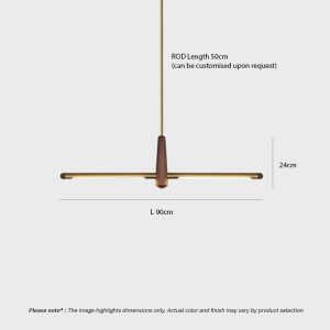 Walnut brass linear pendant light with integrated LED suspended over interior space