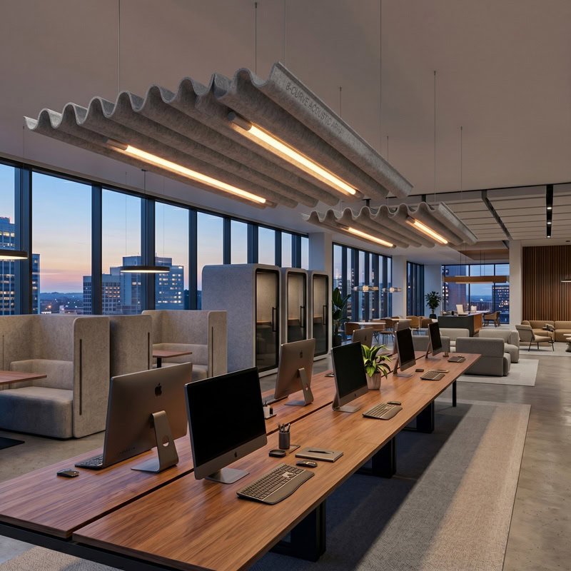 TACE LG359 wave form pleated baffle acoustic pendant light with dual integrated LED luminaires suspended from ceiling