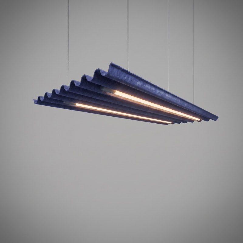 TACE LG359 wave form pleated baffle acoustic pendant light with dual integrated LED luminaires suspended from ceiling