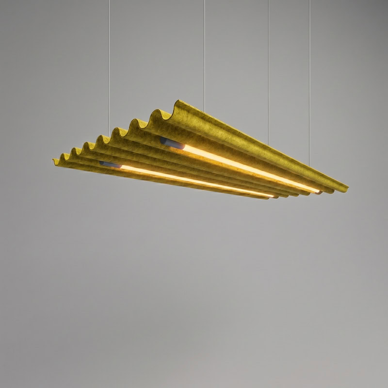 TACE LG359 wave form pleated baffle acoustic pendant light with dual integrated LED luminaires suspended from ceiling
