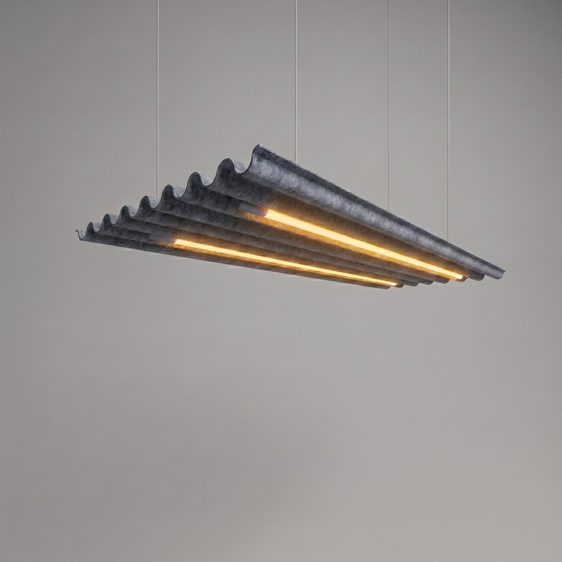TACE LG359 wave form pleated baffle acoustic pendant light with dual integrated LED luminaires suspended from ceiling