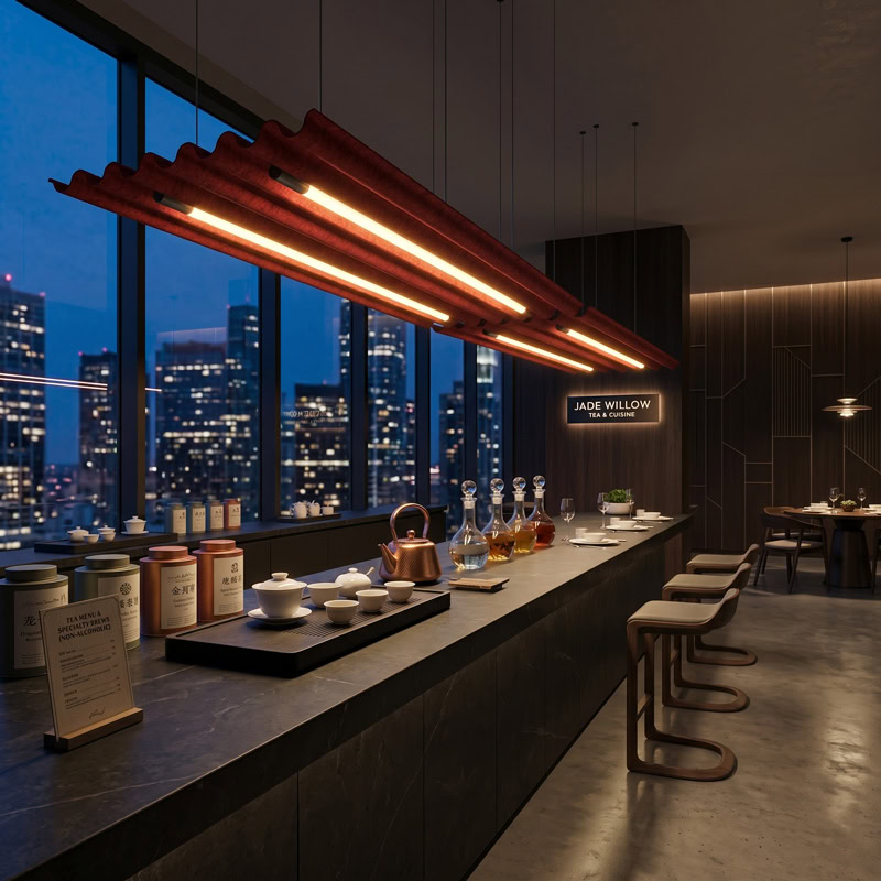 TACE LG359 wave form pleated baffle acoustic pendant light with dual integrated LED luminaires suspended from ceiling