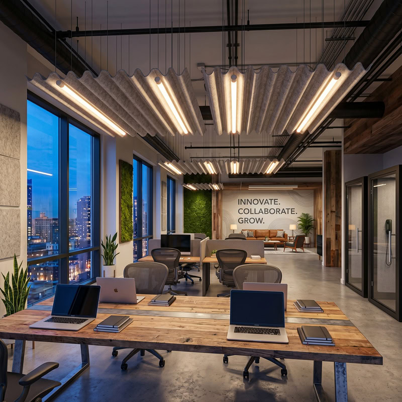 TACE LG359 wave form pleated baffle acoustic pendant light with dual integrated LED luminaires suspended from ceiling