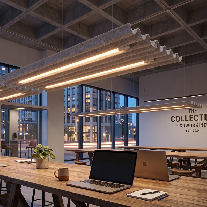 TACE LG359 wave form pleated baffle acoustic pendant light with dual integrated LED luminaires suspended from ceiling