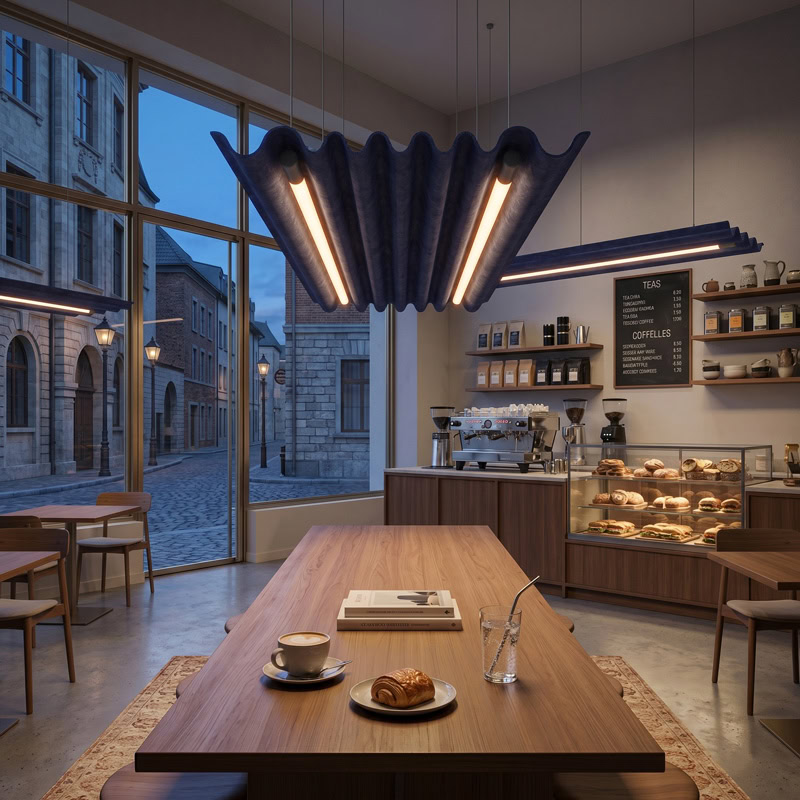 TACE LG359 wave form pleated baffle acoustic pendant light with dual integrated LED luminaires suspended from ceiling