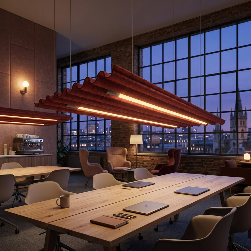 TACE LG359 wave form pleated baffle acoustic pendant light with dual integrated LED luminaires suspended from ceiling