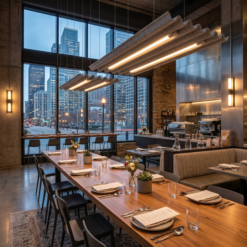 TACE LG359 wave form pleated baffle acoustic pendant light with dual integrated LED luminaires suspended from ceiling