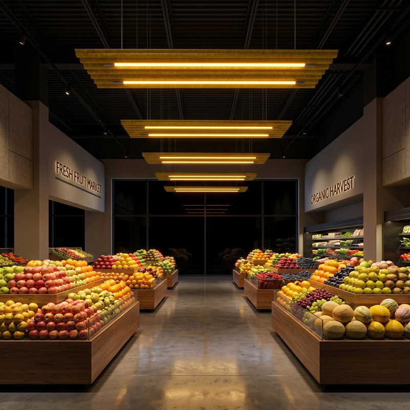 TACE LG359 wave form pleated baffle acoustic pendant light with dual integrated LED luminaires suspended from ceiling