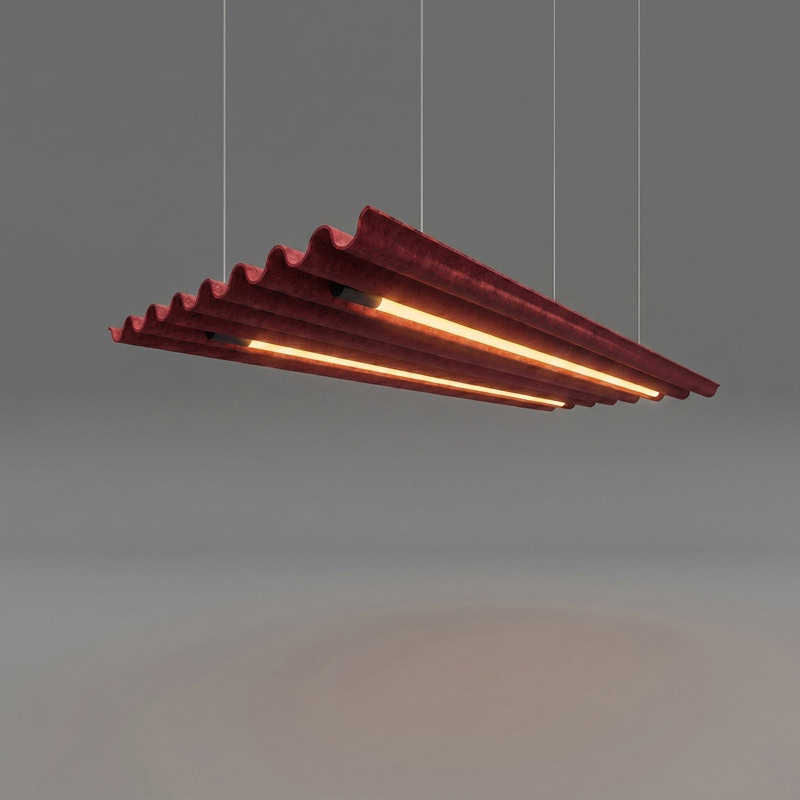 TACE LG359 wave form pleated baffle acoustic pendant light with dual integrated LED luminaires suspended from ceiling