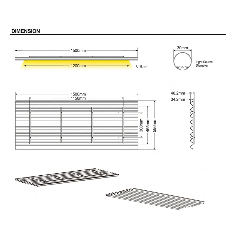 TACE LG359 wave form pleated baffle acoustic pendant light with dual integrated LED luminaires suspended from ceiling